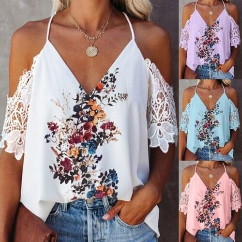 WomenS Lace Sling T-Shirt Fashion Loose Casual Floral Print Off Shoulder V-Neck Top Summer Beach Vacation Oversized Clothing