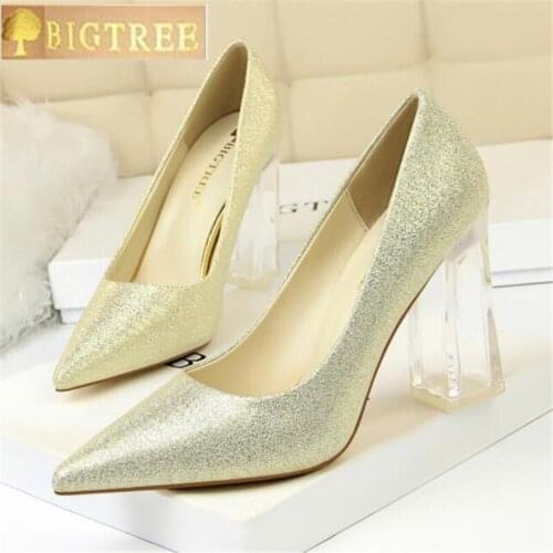 2018 Women Block 10CM High Heels Lady Scarpins Green Satin Pumps Female Wedding Gold Blue Silk Transparent Shoes Plus Size 43