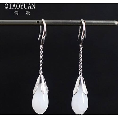 925 sterling silver earings Jade jewelry earrings white jade Womens gems 925 silver chain earrings Long wedding orchid