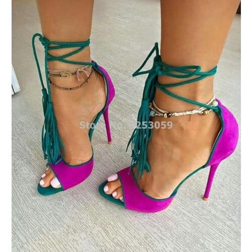 Women Chic Fuchsia Suede Fringe Sandals Concise Ultra High Heels Lace-up Tassel Shoes Rose Red Yellow Cross Tied Dress Pumps