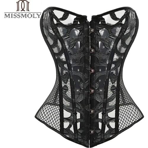 Women Steampunk Gothic 12 Steel Boned Black Mesh Waist Trainer Corset Bustier Waist Cincher Shaper Plus Size burlesque corselet