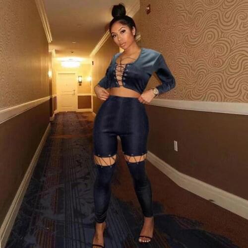 Hollow Out Printed Bandage Two Piece Set Women 2021 Sexy womens Top+High Waist Leggings Party Clubwear Matching Outfits Hot