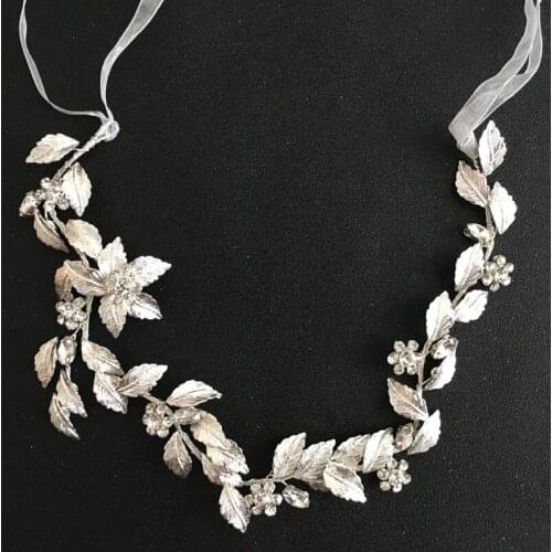 SLBRIDAL Silver Color Clear Crystal Rhinestones Leaf Wedding Hair accessories Hairband Bridal Headband Bridesmaids Jewelry Women