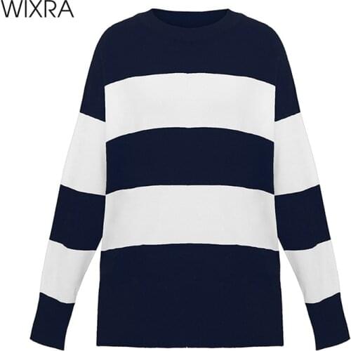 Wixra Womens Sweater Pullovers Striped O-Neck Autumn Winter Women Knit Loose Long Sleeve Sweater For Ladies