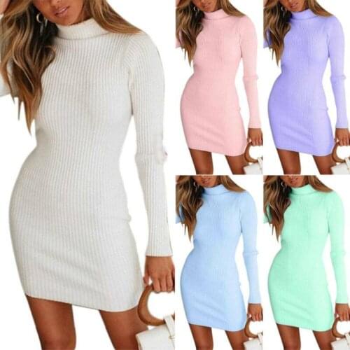 Womens Slim Fit High Neck Bodycon Sweater Dress Long Sleeve Winter Mini Dresses Elegant Hip Bottoming Dress