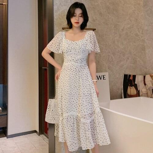 Summer High-end Square Collar Short Sleeve Sexy Elegant Dress Vintage Dot Ruffle Party Dress Women Brand Vacation Dress Vestidos