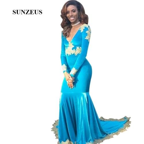 Mermaid Blue Prom Dress With Gold Appliques Women V-neck Long Sleeves Party Gowns Velour Vestido De Gala
