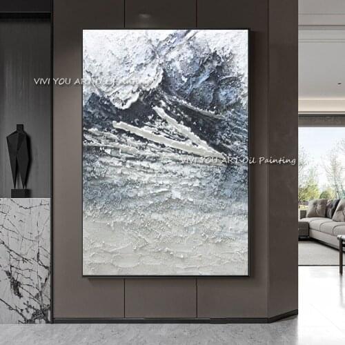 100% Handmade Abstract Blue Ocean Waves Oil Painting Spray Landscape Entrance Decorative Posters Wall Art Canvas Decoration