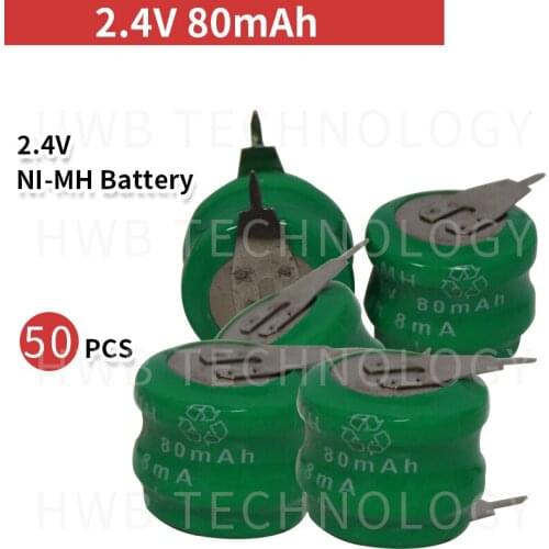 50 PCS/lot Original New 2.4V 80mAh Ni-MH Rechargeable Button Cell Battery Ni MH Batteries With Pins Free Shipping