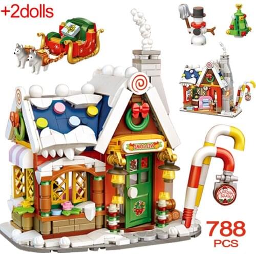 788pcs Mini City Santa Claus Christmas Cabin Architecture Building Blocks Friends House Figures Bricks Toys For Children