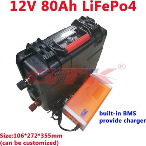 ABS case 12V 80Ah LiFepo4 lithium battery pack with BMS rechargeable for navigation light solar sytem inverter+14.6v 10A charger