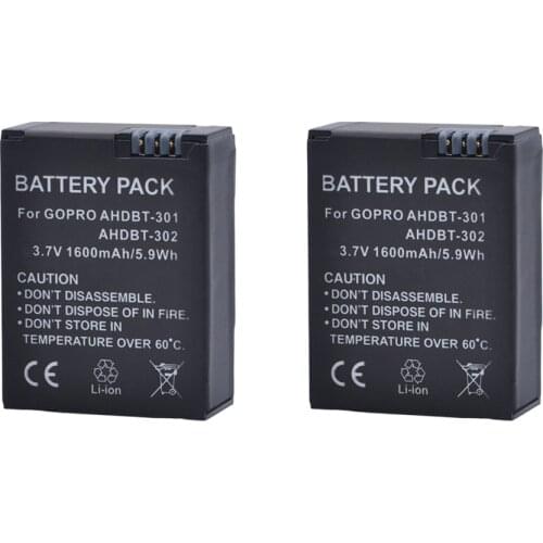 2Pcs 1600mAh Go Pro HERO 3+ Batteries AHDBT-301 AHDBT-302 Battery for GoPro HERO3 3+ accessories AHDBT301 AHDBT302 Battery