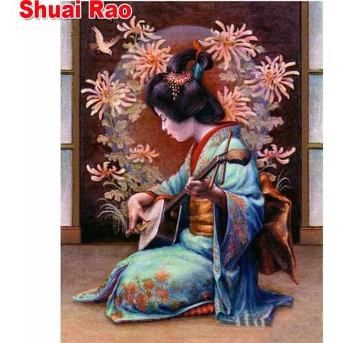 5D Diy full round square diamond embroidery violin japan woman, classical beauty diamond painting mosaic pictures of rhinestones