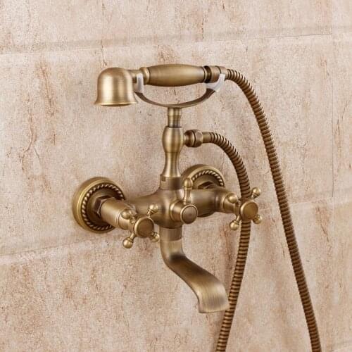 Antique Brass Wall Mounted Bathroom Tub Faucet Set with 1500MM Handheld Shower Spray Head Bath Mixer Tap 2tf352