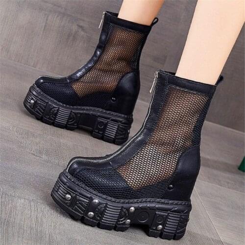 Punk Goth Military Womens Genuine Leather Ankle Boots Platform Wedge Sandals Rivets Sandals Party Oxfords Creepers Shoes