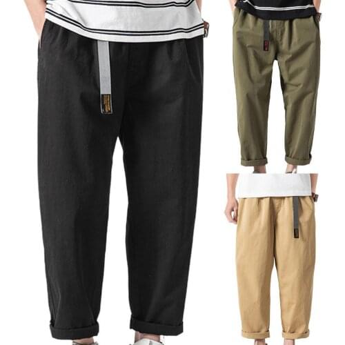 Summer Pants Men Cotton Blend Solid Color Multi Pockets Belt Lettter Print Men Cargo Pants Harem Pants Sports Streetwear 2021