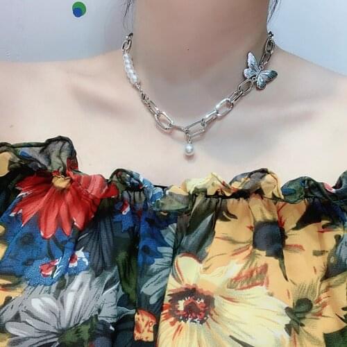 Punk Chain Pendant Butterfly Necklace for Women Butterflies Pearl Charm Choker Necklaces Boho Fashion Jewelry Gift