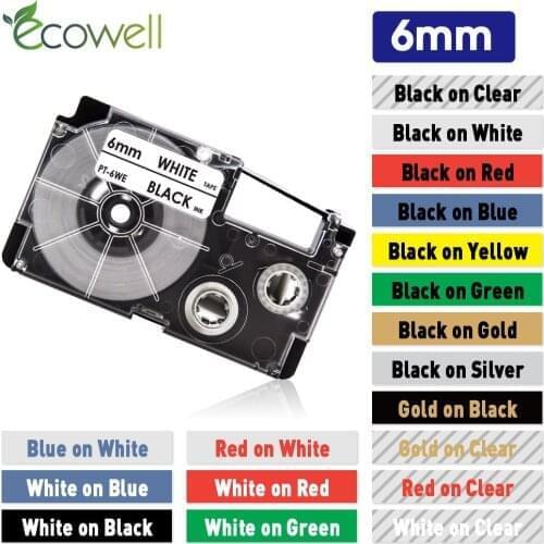 Ecowell 6mm 18Colors XR-6WE XR-6X XR-6RD XR-6BU For Casio label tape XR-6YW XR-6GN XR-6GD XR-6ABK for Casio KL-60 Label Maker
