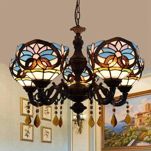 European-Style Retro Creative Tiffany Colored Glass Lovely Baroque Bar Coffee Restaurant Crystal 5 Chandelier