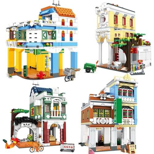 City house villa Street Retail shop Architecture Supermarket Model building blocks DIY brick Educational Toy creative Expert Moc