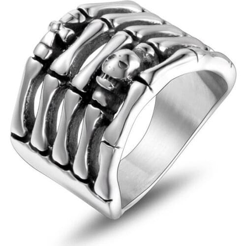 Gothic Hand Skull Rings for Men Punk Retro Fine Polish Stainless Steel Finger Ring Male Jewelry Gift US Size 7-12