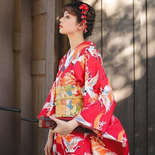 Japanese Womens Yukata Improved kimono Robe Photography Dress Cosplay Costume Big red crane Vintage Clothing long-sleeved