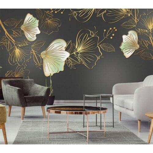 Customized wallpaper 3d modern light luxury golden embossed line flower mural living room bedroom nordic background wall paper
