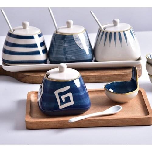 300ml Retro Hand Painted Starry Sky Ceramic Seasoning Jar With Lid And Spoon Spice Container Seasoning Box Kitchen Utensils