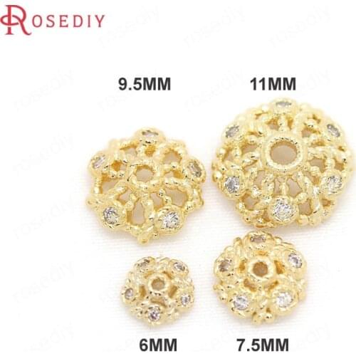 6PCS 6MM 7.5MM 9.5MM 11MM Brass with Zircon 24K Gold Color Plated Bead Caps Jewelry Findings Accessories