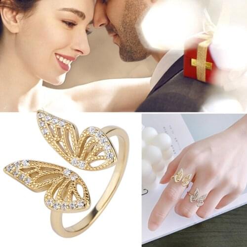 Tiny Butterfly Ring for Women Sterling Silver 3D Open Rings Inlaid Zircon Finger Jewelry Adjustable TT@88