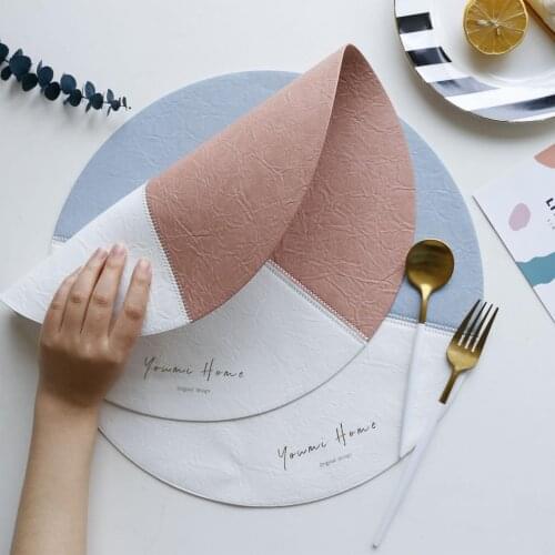1pcs Round Table Mat Nordic Stitching Creative Oil-proof Leather Placemat Kitchen Cup Soft Table Mat Kitchen Accessories