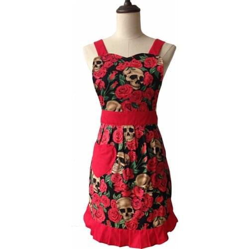 Skull Red Rose Retro Kitchen Apron Woman Cotton Apron Avental de Cozinha Divertido Tablier Cuisine Pinafore Apron Vintage