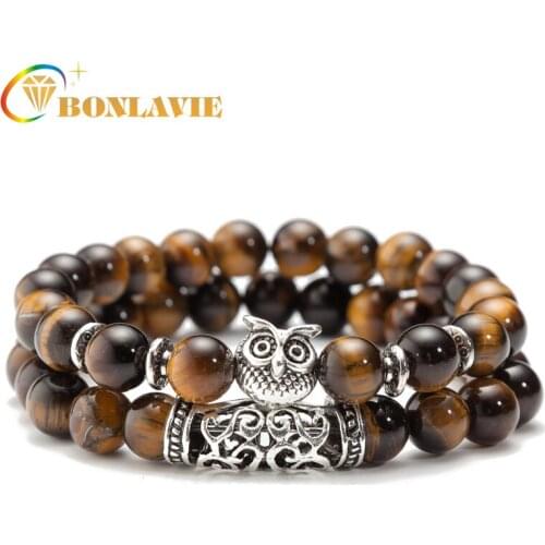 Multi Colors Cartoon Animal Owl Bracelet for Men New Arrival Natural Stone Carved Beaded Mens Bracelet Set Vintage Bangles