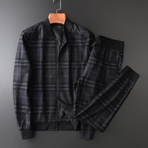 Mens Set (jackets+pants) Luxury Thick Yarn Dyed Plaid Stand Collar Men Coats Plus Size 4xl Elastic Waist Male Pants