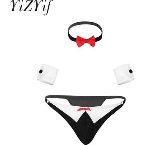Mens Male Waiter Lingerie Sexy Clubwear Bowknot Tuxedo Thong Gay Sexy G-String Homme Underwear with Bow Tie Collar Bracelets
