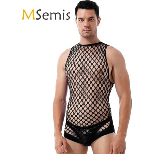 Men Sexy Lingerie Fishnet Bodystockings Hollow Out See Through Netted Hole Stretchy Bodysuit Nightwear Erotic Rompers Underwear
