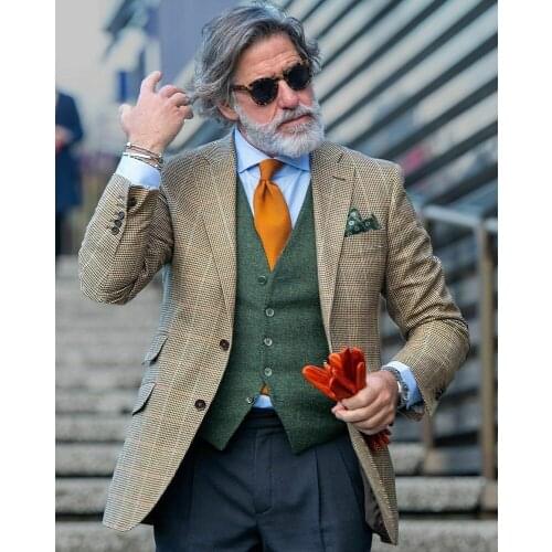 Costume Homme Mens Houndstooth Formal Business Jacket+Vest+Pants Tuxedos 3 Piece Thick Tailored Made Suits Blazers Party Gowns