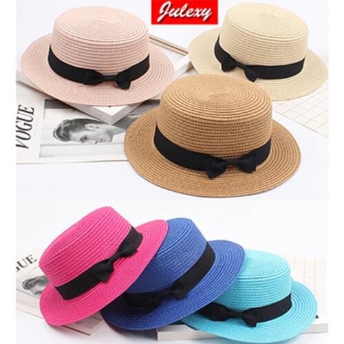 19color New Spring And Summer Panama Straw Hat British Retro European And American Bowknot Flat Top Hat Sunscreen Beach Hat