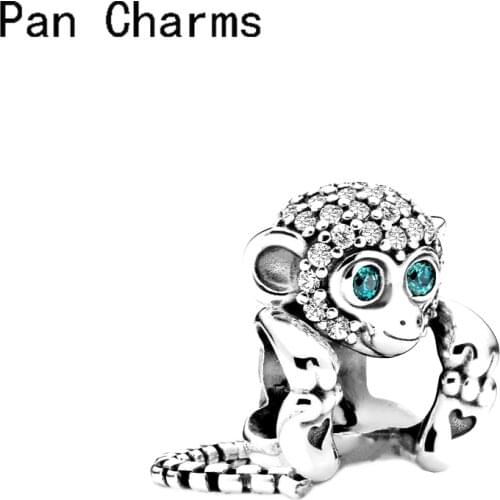 2021 Spring New Real 925 Silver Color Pave Clear Zircon Monkey Charms Green Eye Beads Fit Original Pandora Bracelet DIY Jewelry