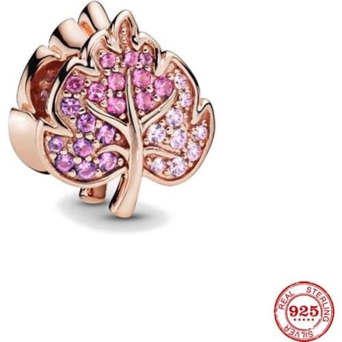 New Original Rose Gold Leaves Bead Charm Fit European Pandora Charms Bracelet Bangles Diy Jewelry P050