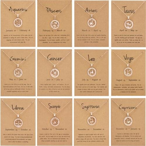 Rose Gold Round Hollow Pattern Zodiac Twelve Constellations Pendant Link Chain Necklace For Women Men Birthday Gift Aries Leo