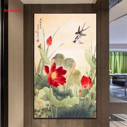 Poster Aesthetic Printing Canvas Painting Frameless Chinese Home Decoration National Style Swallow Pond Lotus Ink Painting