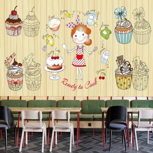 Drop Shipping Photo Wallpaper Wooden Cute Dessert Shop Paper Cup Cake Background Wall Mural Restaurant Kitchen Custom Wallpaper