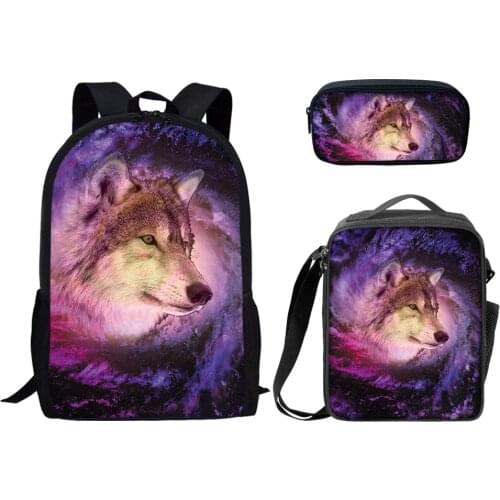 ELVISWORDS Custom Backpacks 3Pcs/Set Starry Sky Wolf Printed School Bags Travel Rucksack For Teenager Orthopedic School Backpack