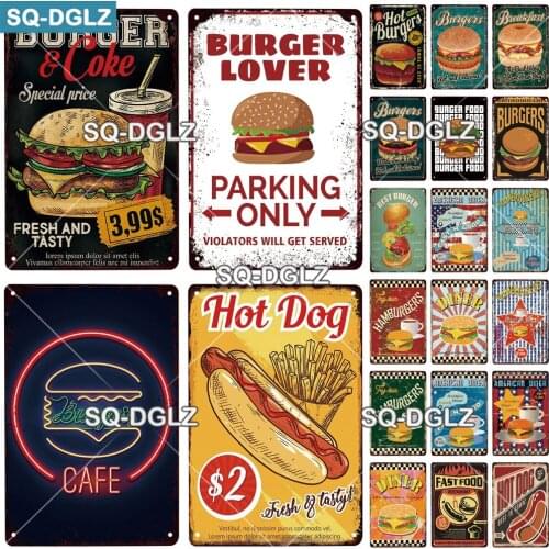 [SQ-DGLZ] BURGERS Metal Sign Bar Wall Decoration Tin Sign Vintage Metal Signs Home Decor Painting Plaques Art Hot Dog Poster