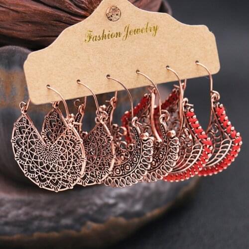 Retro Bohemian Ethnic Style Pendant Earrings 3-Piece Set Silver Color Copper Color Alloy Geometric Hollow Mesh Pendant Earrings
