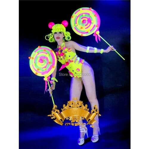 Party singer performance dresses dj female bodysuit luminous Fluorescent green bikini outfits bar headpiece clothes show wear