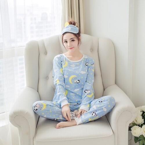 Spring and Autumn Womens Pajamas Long Sleeve Trousers Printed Home Wear Eye Mask Sleepwear Pijamas Sleep Tops Pajamas for Women