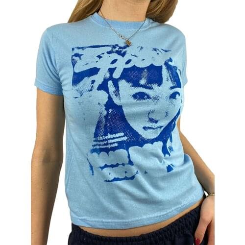 Ladies Summer Short Sleeve Womens T-shirt Girls Creative Figure Printing Round Collar Midriff-baring Tops Slim Base Shirt Y2k