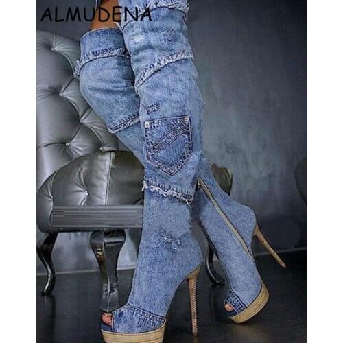 Women New Style Wood Sole Lace And Jeans Joint Long Boots Peep Toe Wedge Heel Thin Heel Casual Fashion